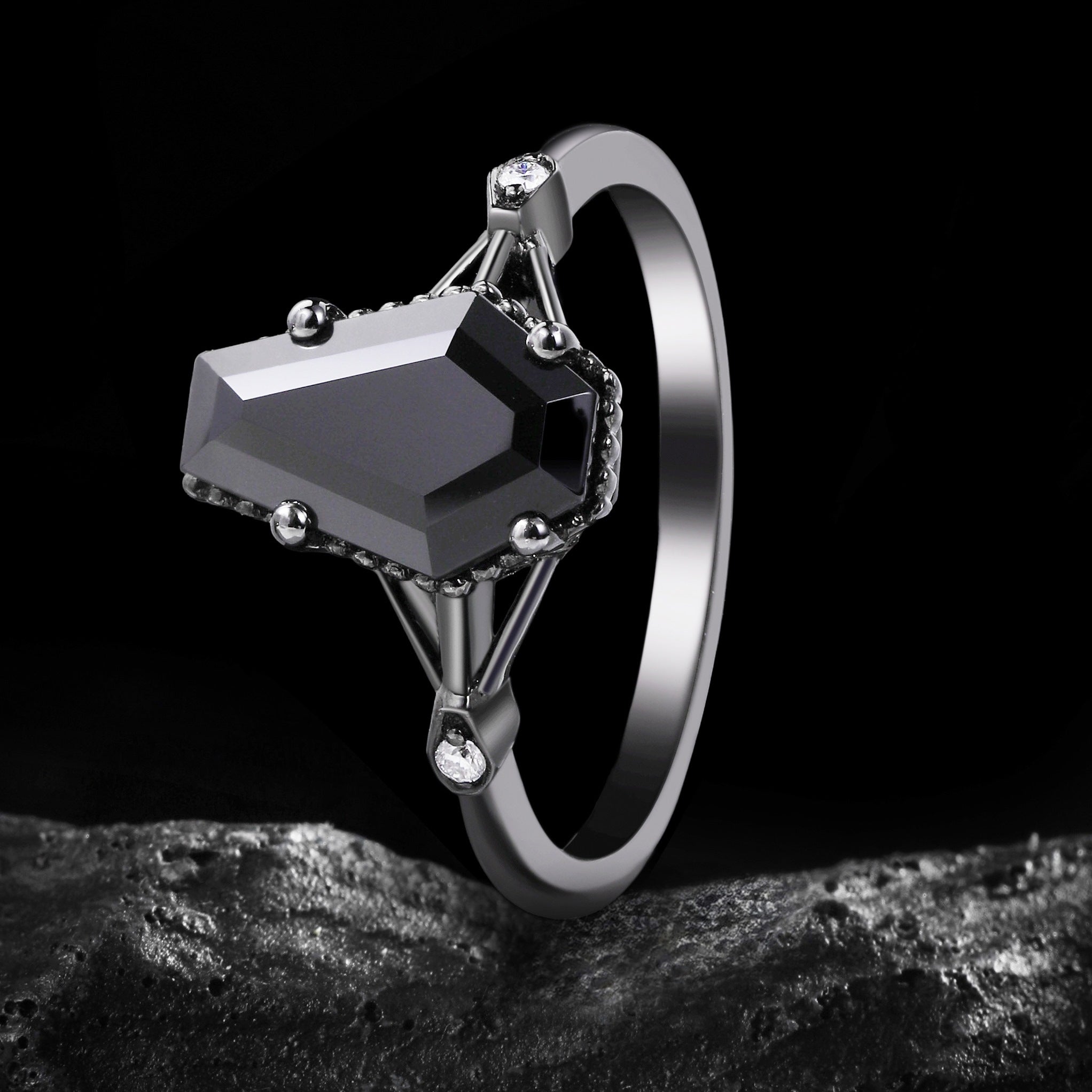 Coffin Cut Black Diamond Split Shank Milgrain Vintage Gothic Ring