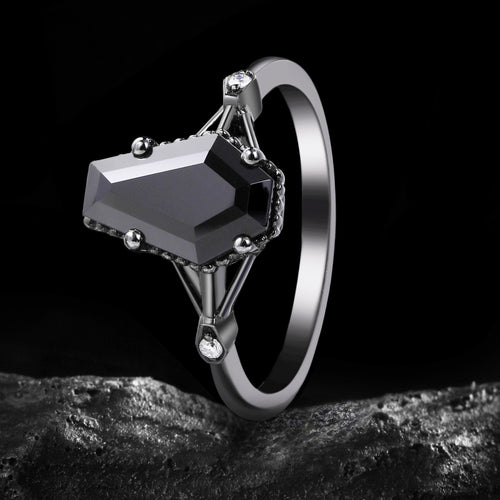 Coffin Cut Black Diamond Split Shank Milgrain Vintage Gothic Ring