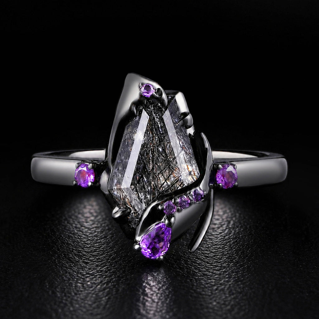 Coffin Cut Black Rutilated Quartz & Amethyst Enchanted Forest Gothic Ring