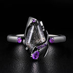 Coffin Cut Black Rutilated Quartz & Amethyst Enchanted Forest Gothic Ring