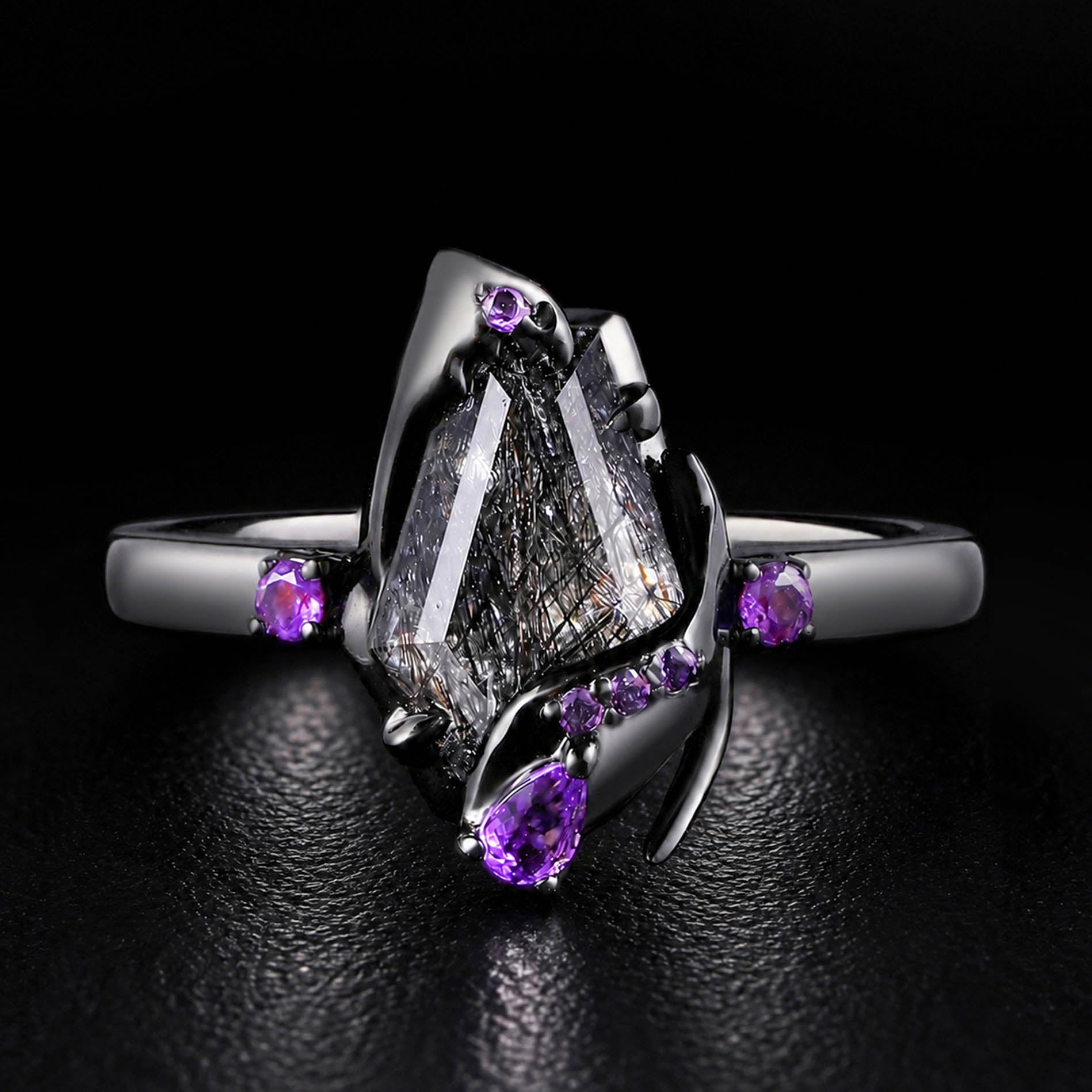 Coffin Cut Black Rutilated Quartz & Amethyst Enchanted Forest Gothic Ring