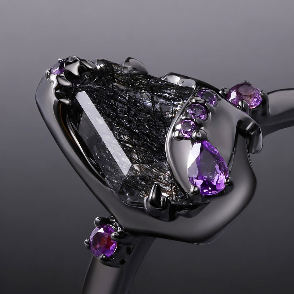 Coffin Cut Black Rutilated Quartz & Amethyst Enchanted Forest Gothic Ring