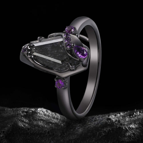 Coffin Cut Black Rutilated Quartz & Amethyst Enchanted Forest Gothic Ring