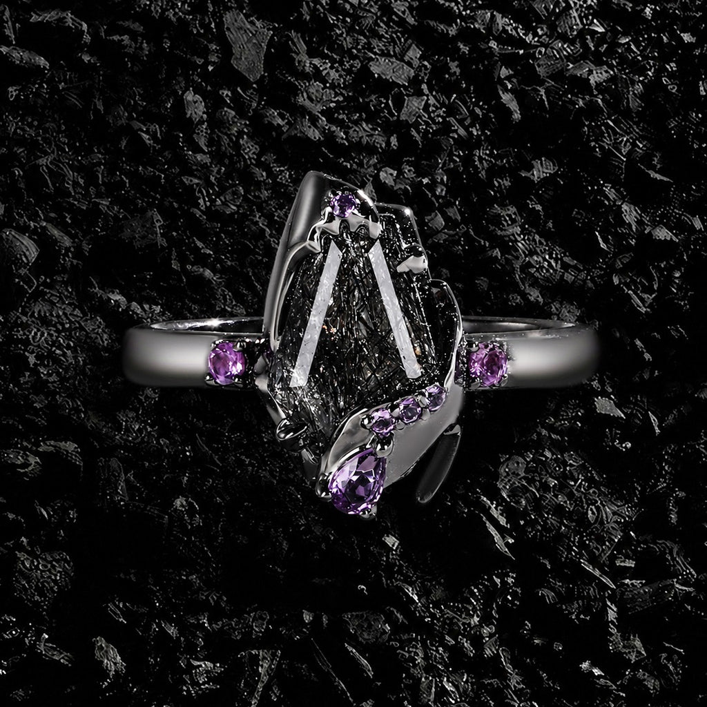 Coffin Cut Black Rutilated Quartz & Amethyst Enchanted Forest Gothic Ring