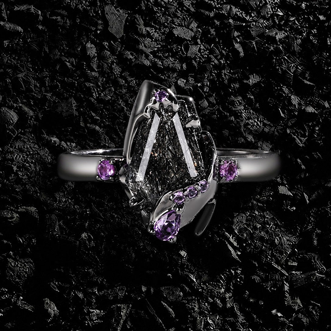Coffin Cut Black Rutilated Quartz & Amethyst Enchanted Forest Gothic Ring