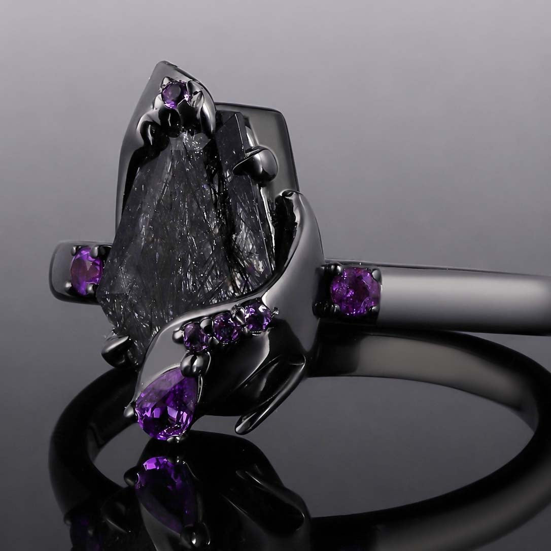 Coffin Cut Black Rutilated Quartz & Amethyst Enchanted Forest Gothic Ring