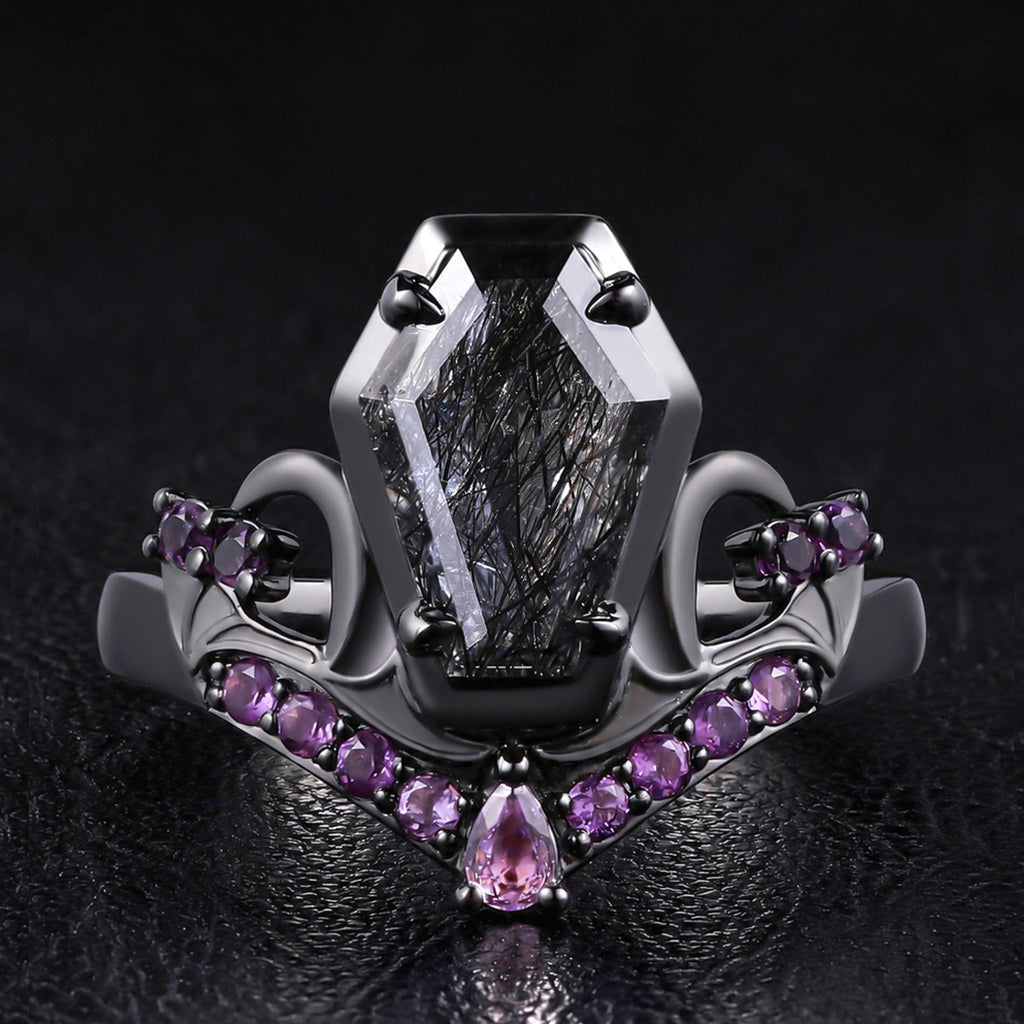 Coffin Cut Black Rutilated Quartz & Amethyst Tombstone Gothic Ring