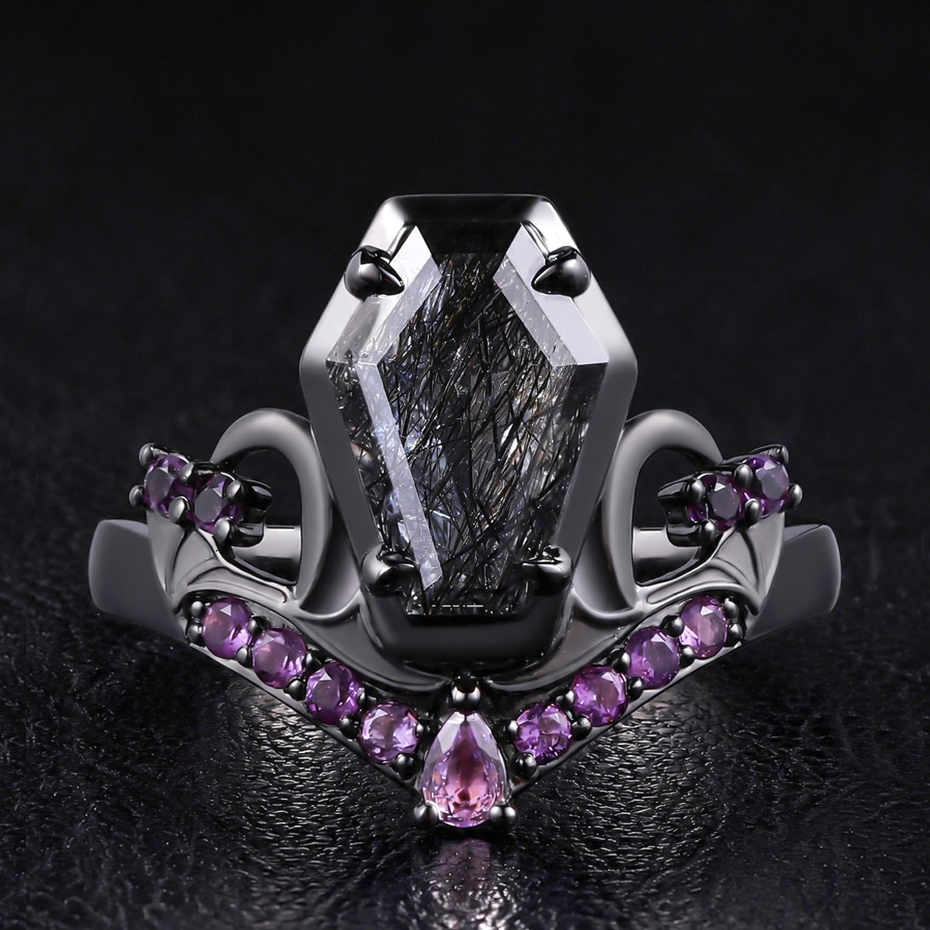 Coffin Cut Black Rutilated Quartz & Amethyst Tombstone Gothic Ring
