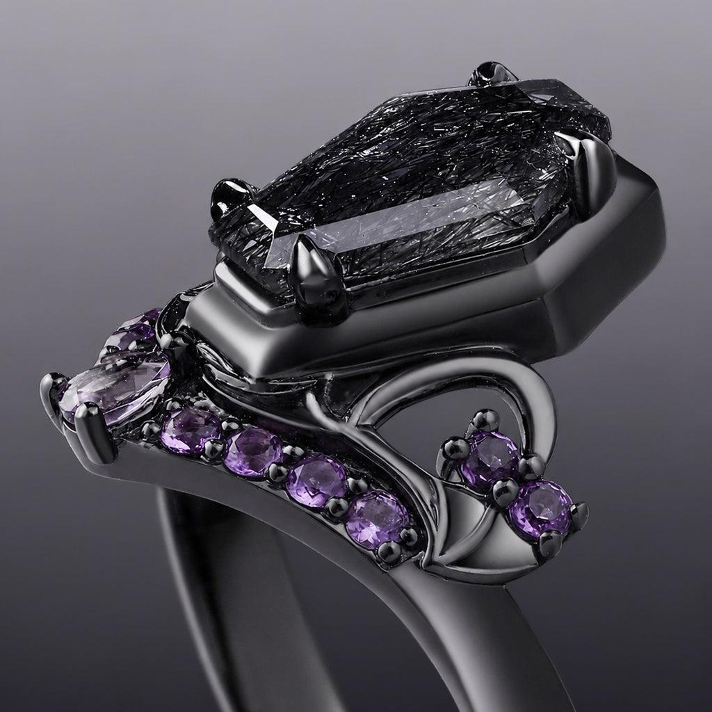 Coffin Cut Black Rutilated Quartz & Amethyst Tombstone Gothic Ring