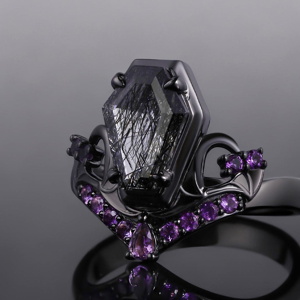 Coffin Cut Black Rutilated Quartz & Amethyst Tombstone Gothic Ring