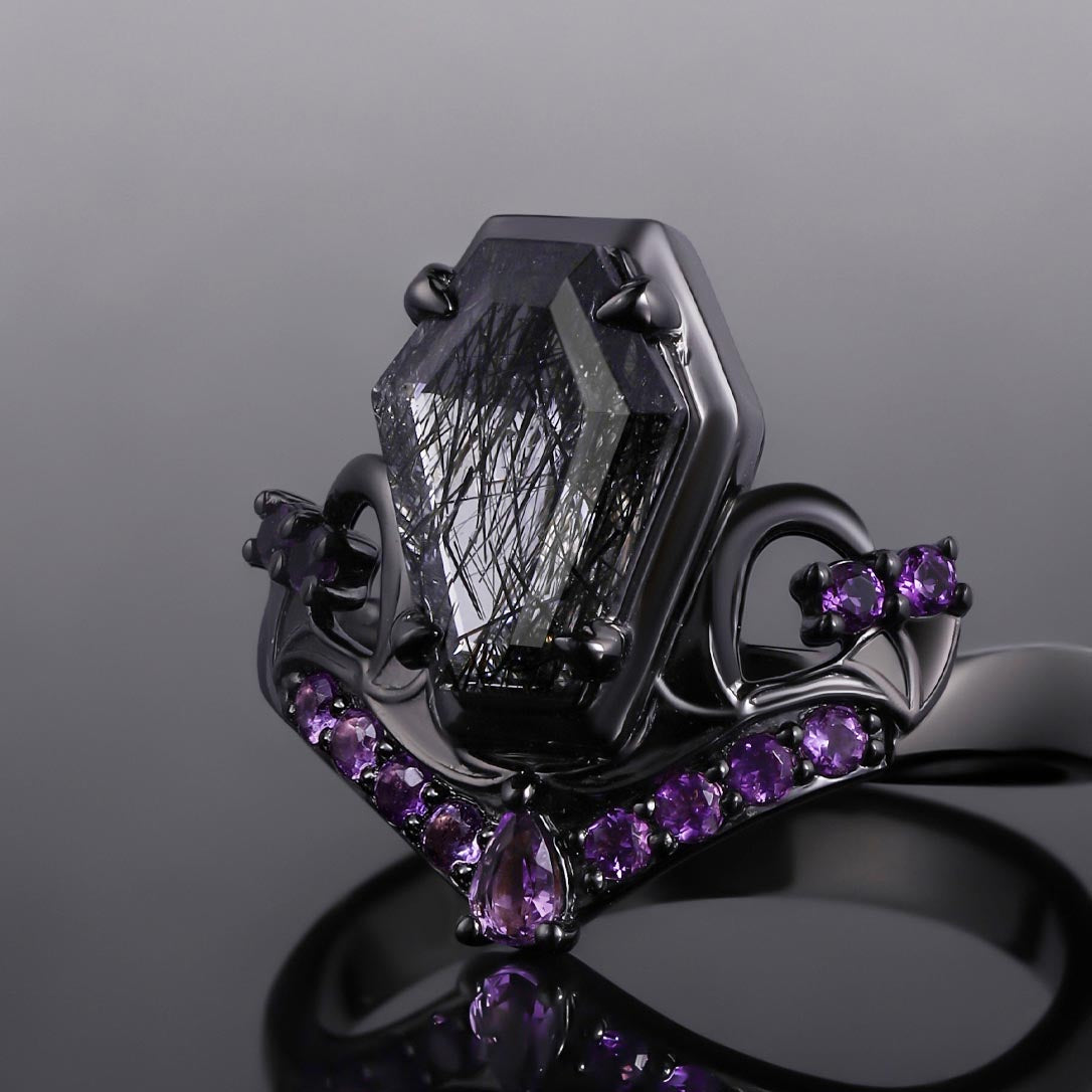 Coffin Cut Black Rutilated Quartz & Amethyst Tombstone Gothic Ring
