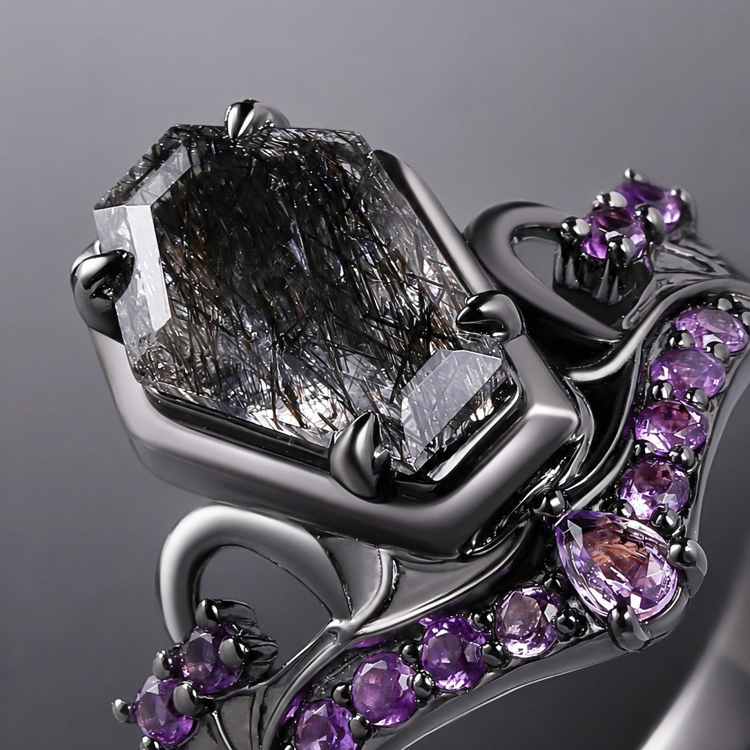 Coffin Cut Black Rutilated Quartz & Amethyst Tombstone Gothic Ring