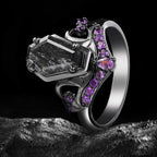Coffin Cut Black Rutilated Quartz & Amethyst Tombstone Gothic Ring