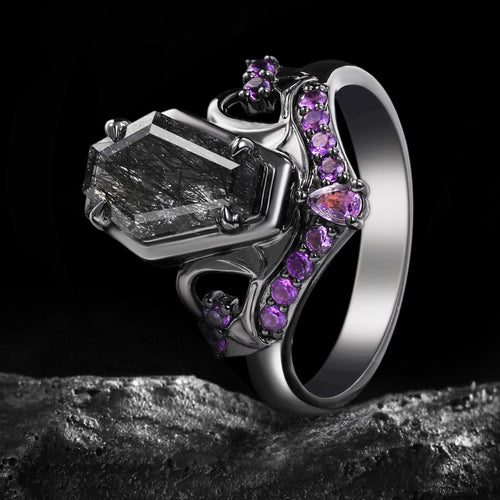 Coffin Cut Black Rutilated Quartz & Amethyst Tombstone Gothic Ring