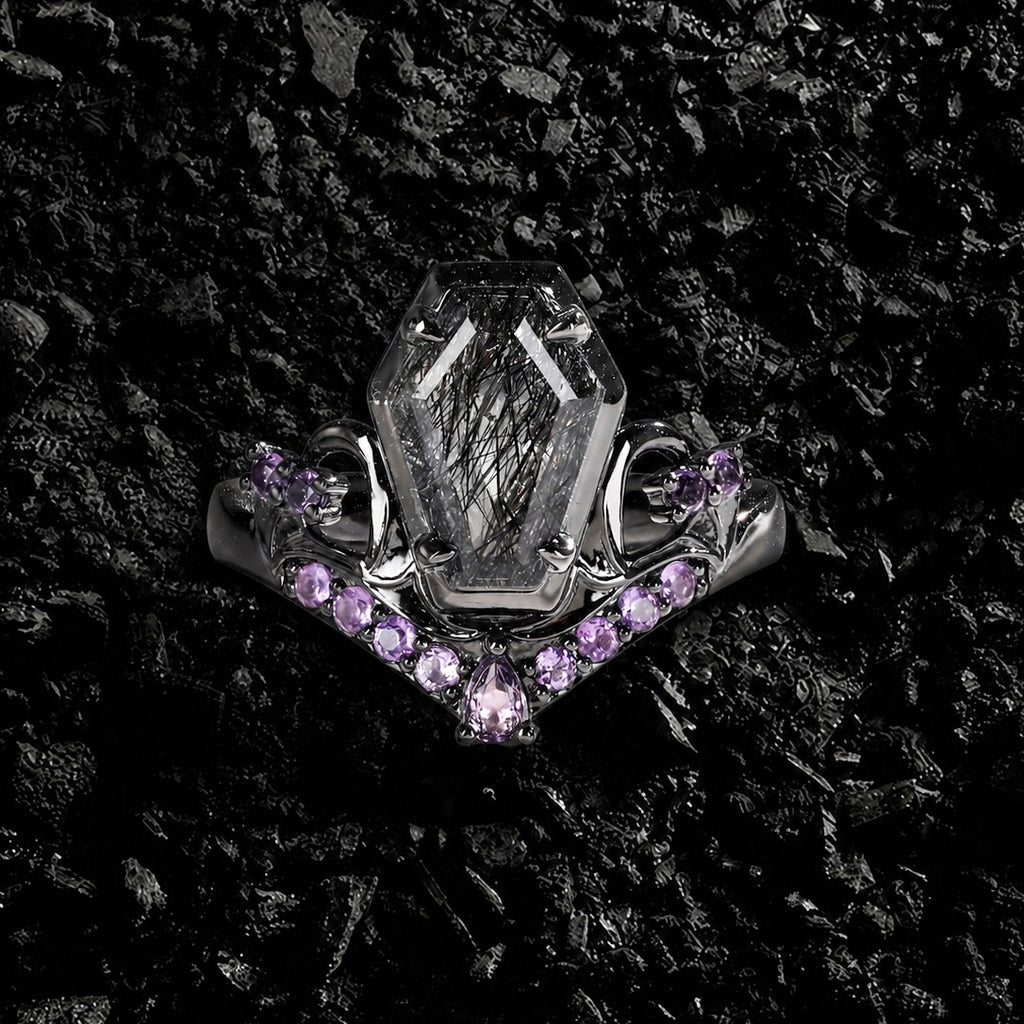 Coffin Cut Black Rutilated Quartz & Amethyst Tombstone Gothic Ring