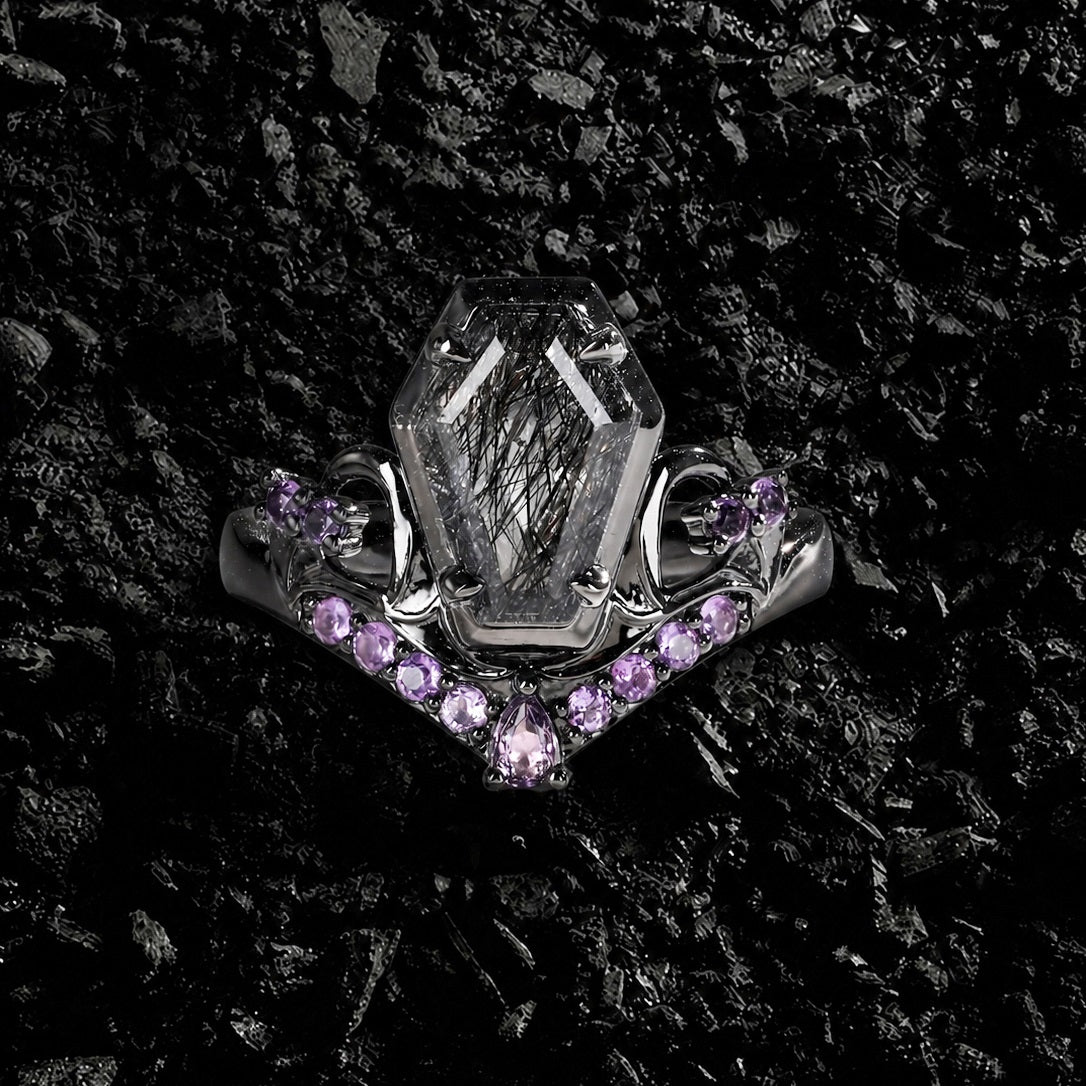 Coffin Cut Black Rutilated Quartz & Amethyst Tombstone Gothic Ring
