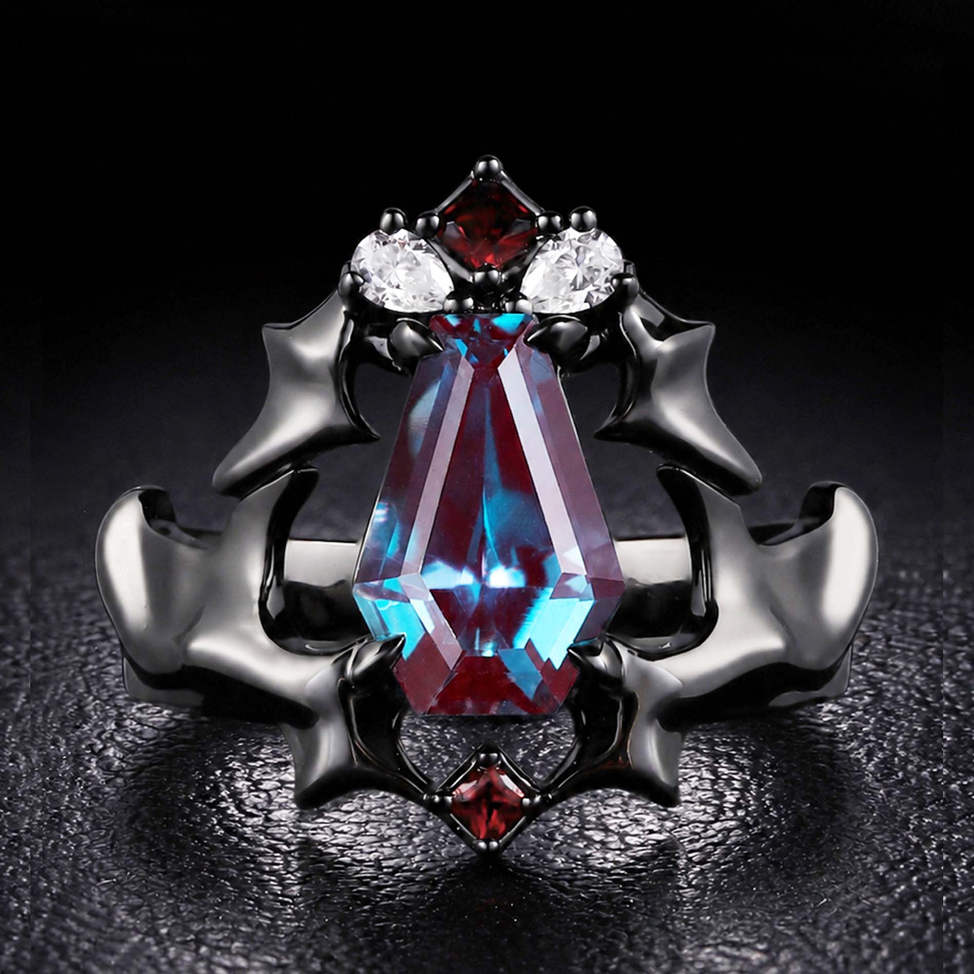 Coffin Cut Lab Alexandrite Demon Wing Gothic Ring