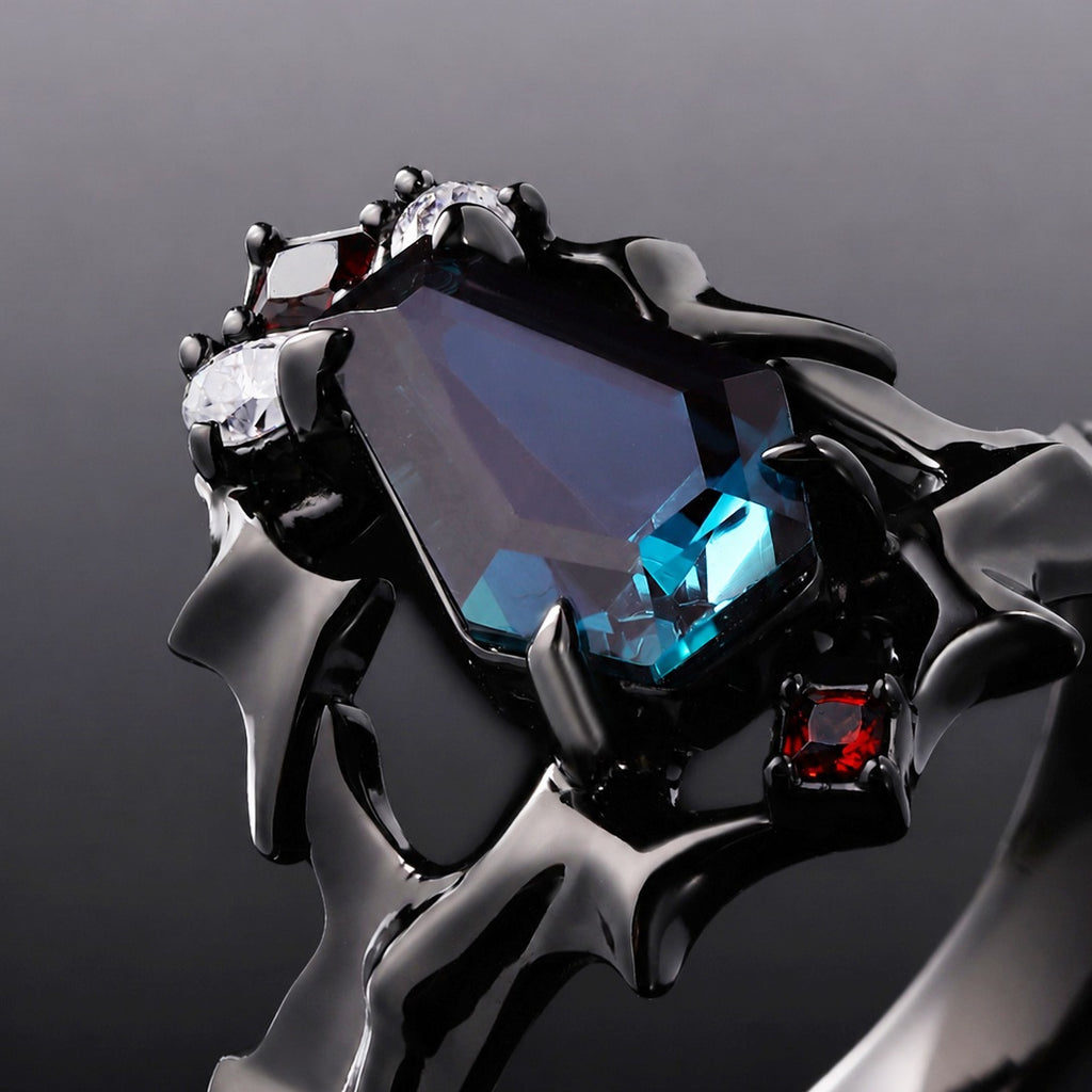 Coffin Cut Lab Alexandrite Demon Wing Gothic Ring