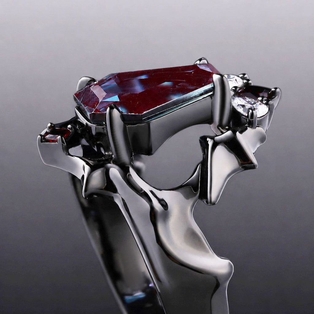 Coffin Cut Lab Alexandrite Demon Wing Gothic Ring