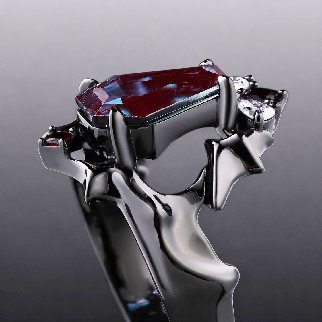 Coffin Cut Lab Alexandrite Demon Wing Gothic Ring