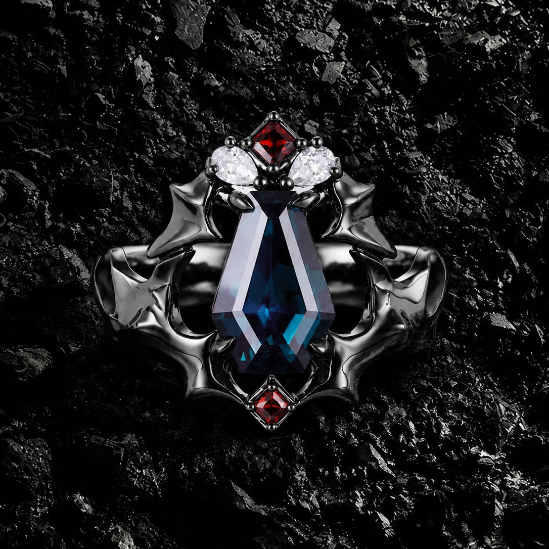 Coffin Cut Lab Alexandrite Demon Wing Gothic Ring