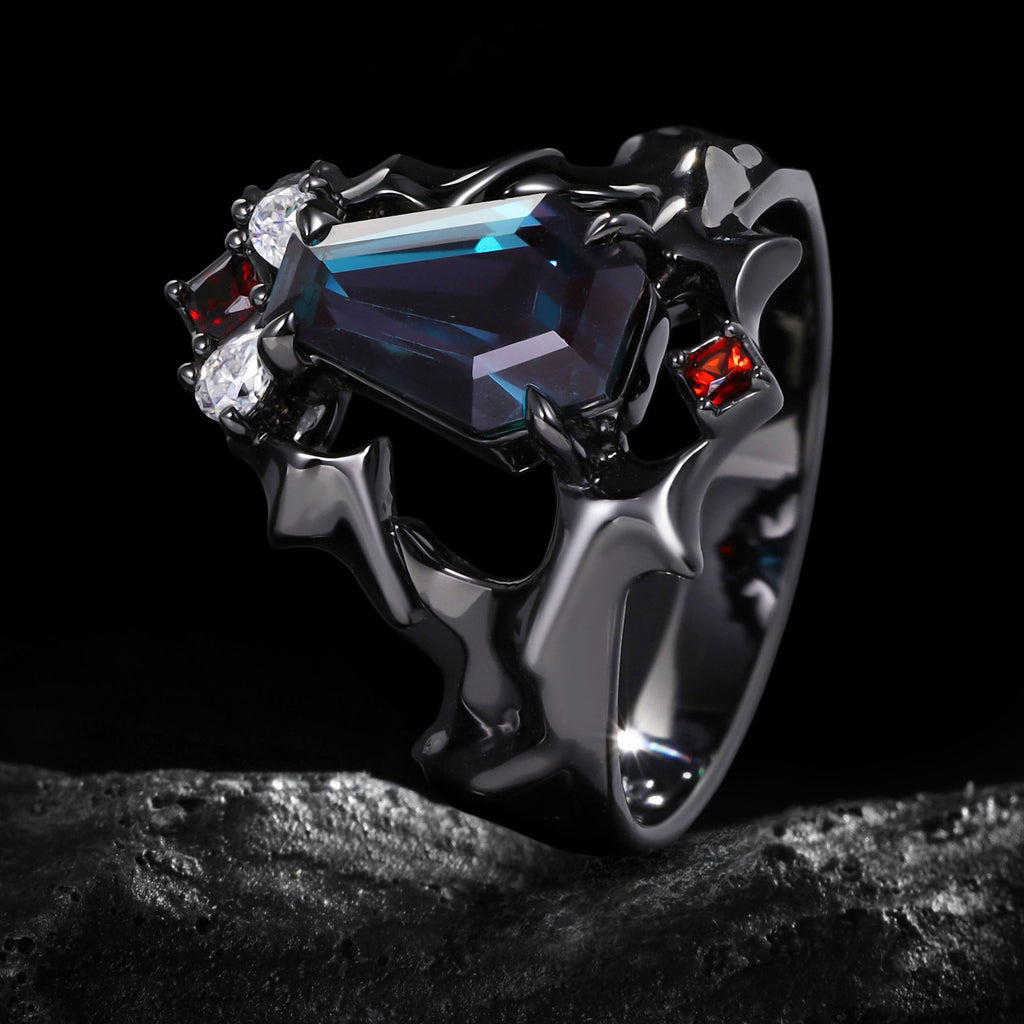 Coffin Cut Lab Alexandrite Demon Wing Gothic Ring