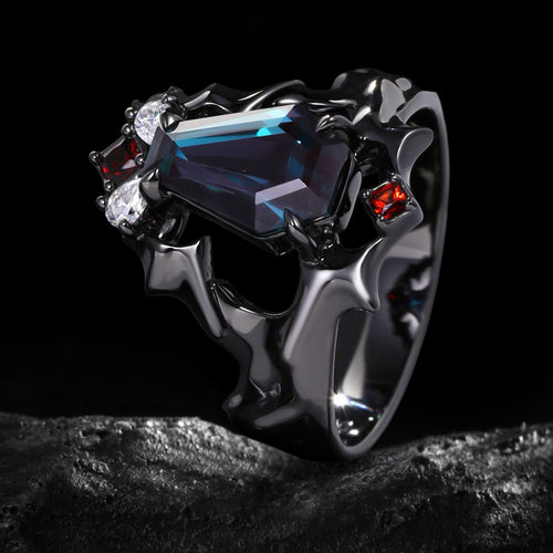 Coffin Cut Lab Alexandrite Demon Wing Gothic Ring