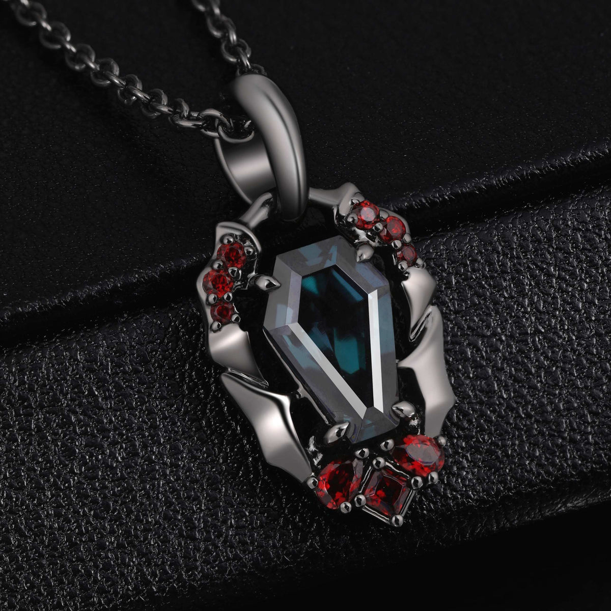 Coffin Cut Lab Alexandrite Vampire Relic Gothic Pendant Necklace with Garnet Accents