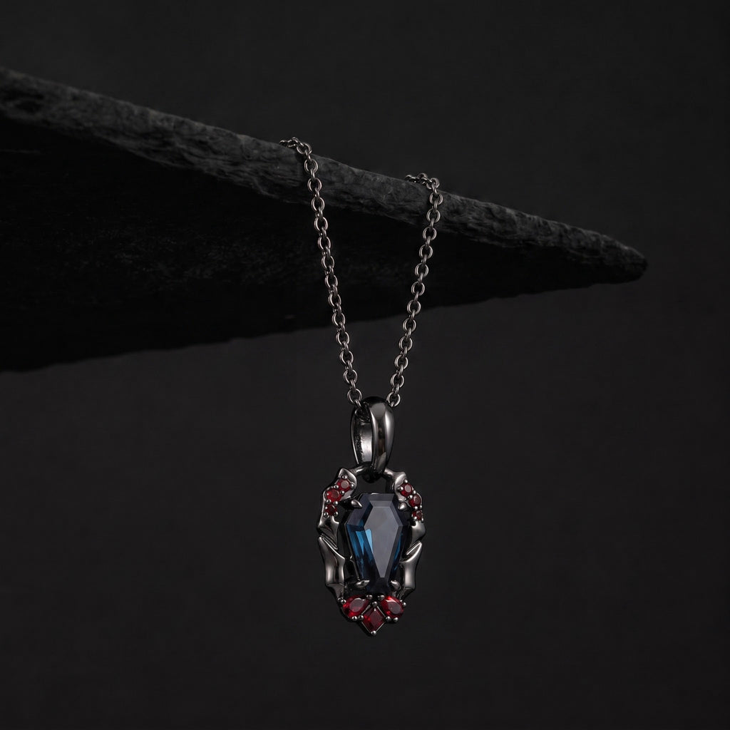 Coffin Cut Lab Alexandrite Vampire Relic Gothic Pendant Necklace with Garnet Accents