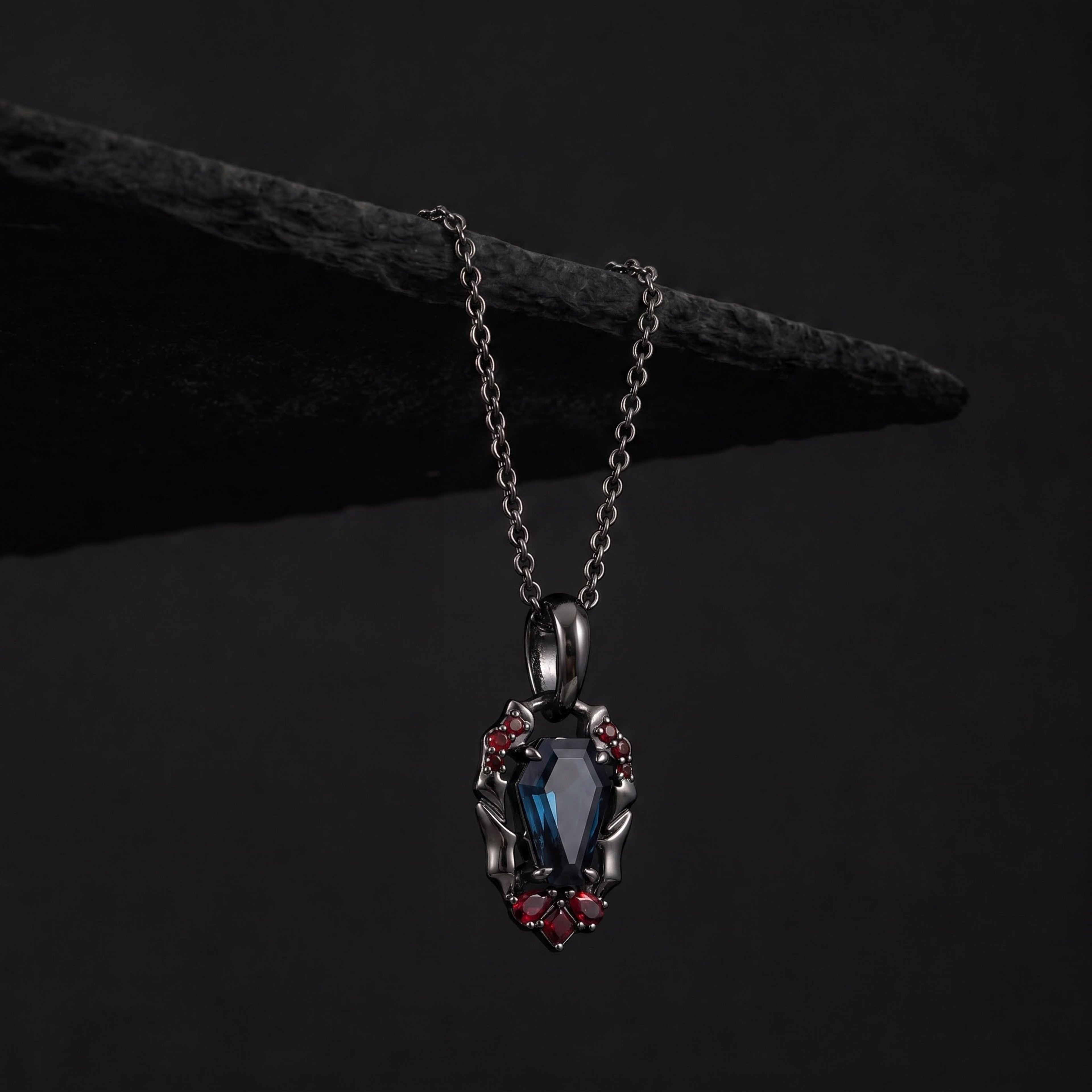 Coffin Cut Lab Alexandrite Vampire Relic Gothic Pendant Necklace with Garnet Accents