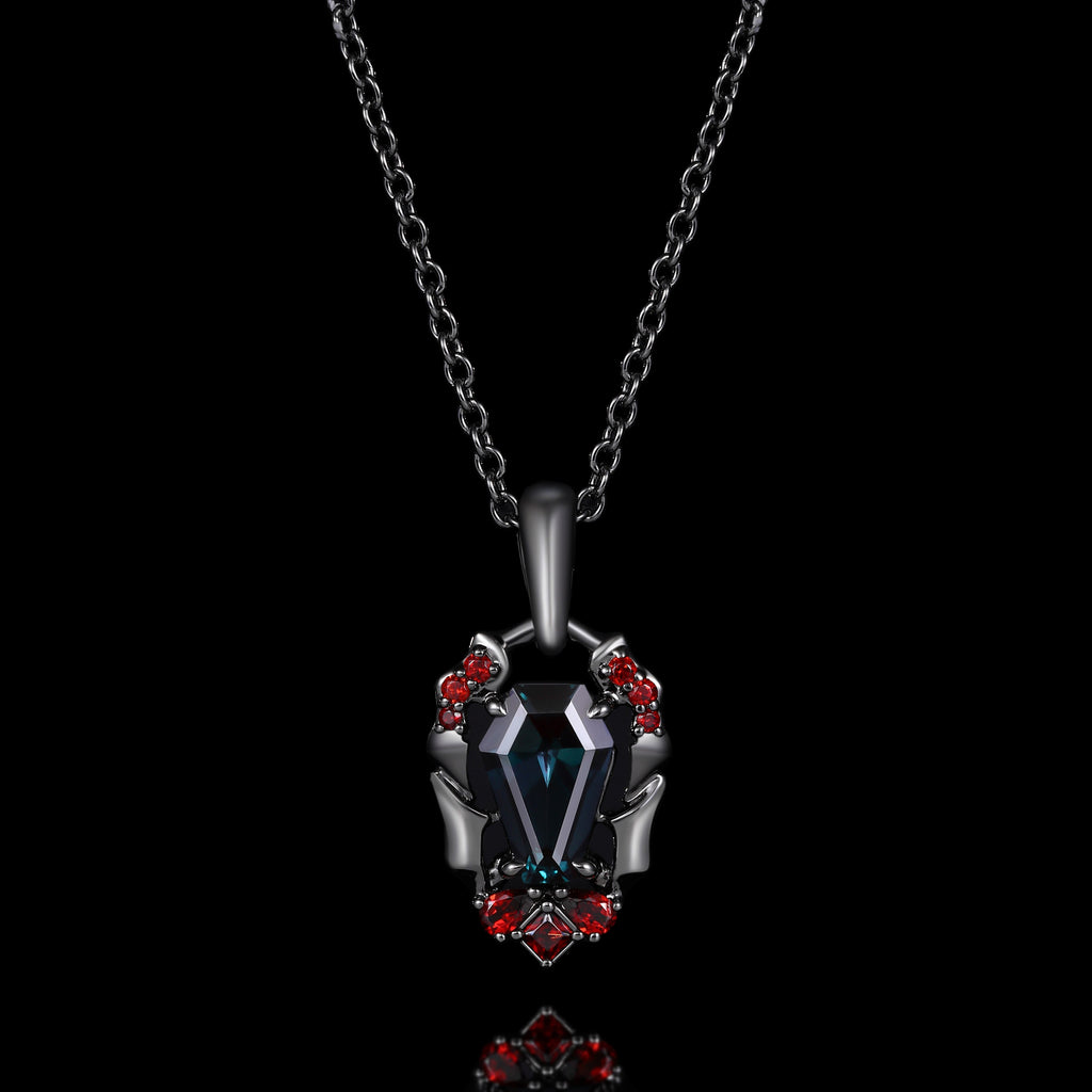 Coffin Cut Lab Alexandrite Vampire Relic Gothic Pendant Necklace with Garnet Accents