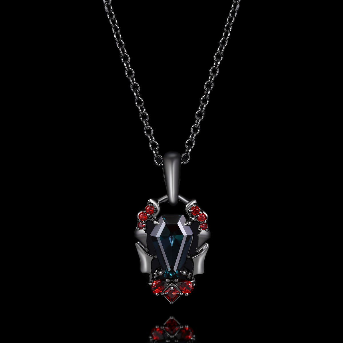 Coffin Cut Lab Alexandrite Vampire Relic Gothic Pendant Necklace with Garnet Accents