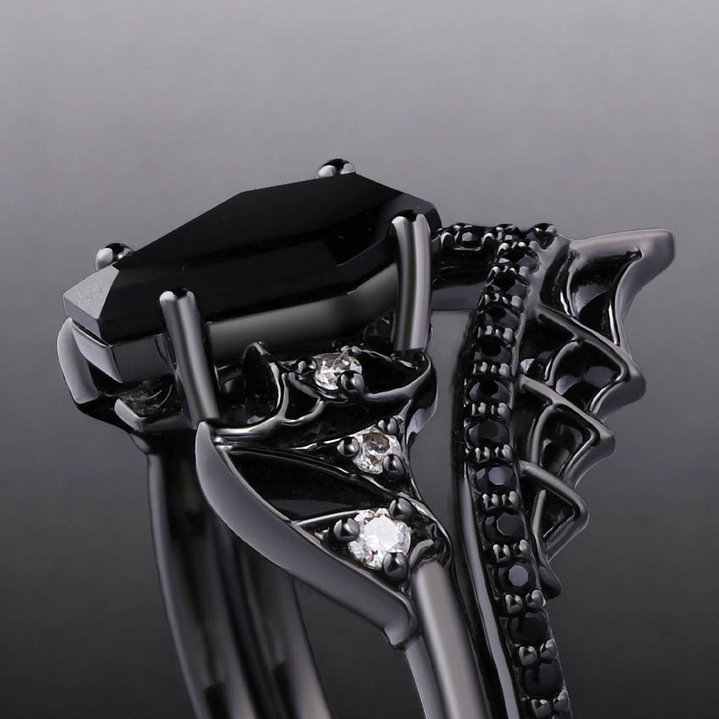 Coffin Cut Black Diamond Bat Wing Spiderweb Ring Set Gothic Pavé Engagement Ring Stack