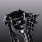 Coffin Cut Black Diamond Bat Wing Spiderweb Ring Set Gothic Pavé Engagement Ring Stack