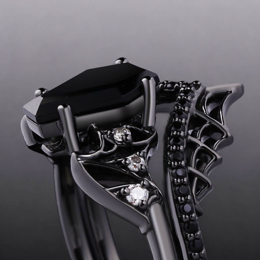 Coffin Cut Black Diamond Bat Wing Spiderweb Ring Set Gothic Pavé Engagement Ring Stack