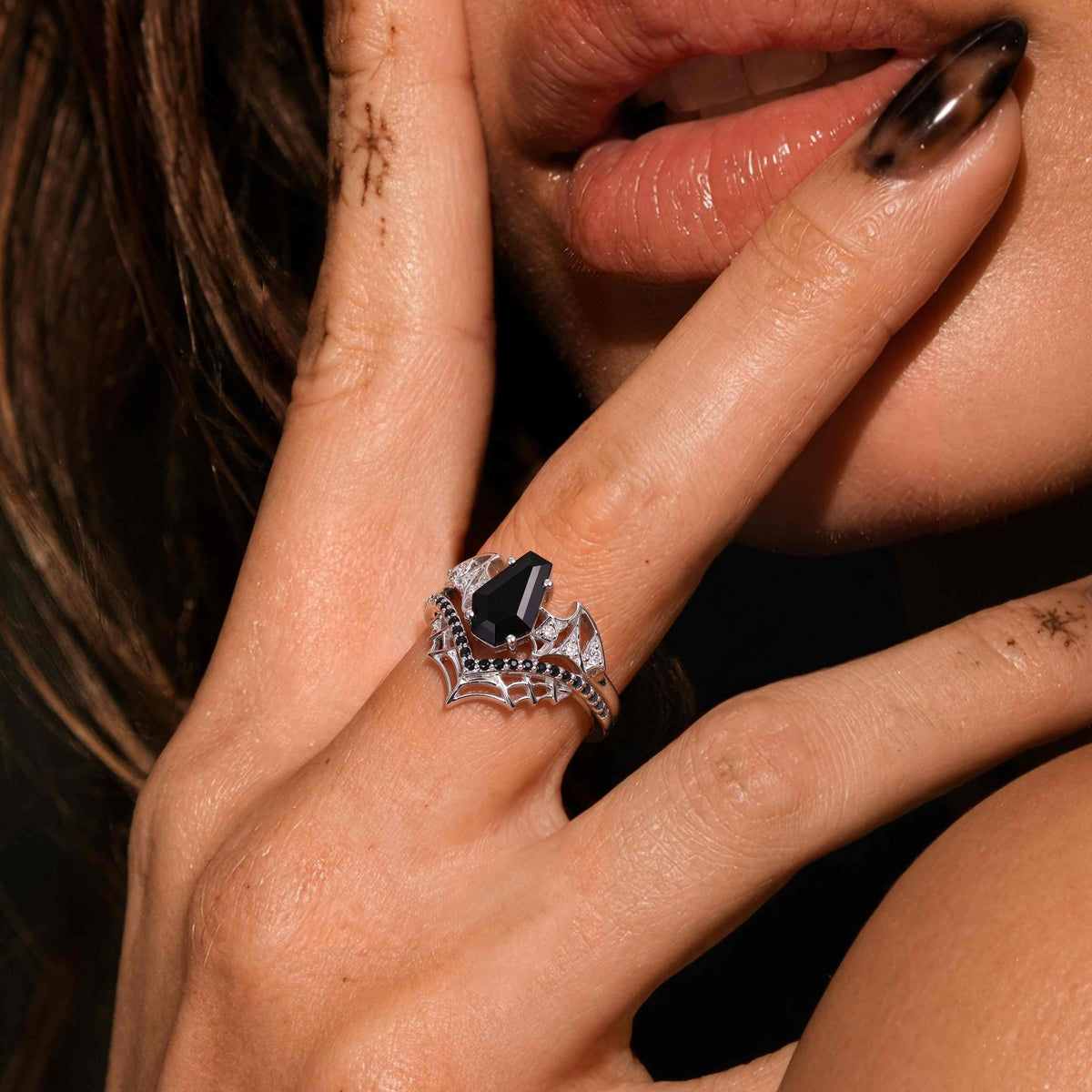 Coffin Cut Black Diamond Bat Wing Spiderweb Ring Set Gothic Pavé Engagement Ring Stack