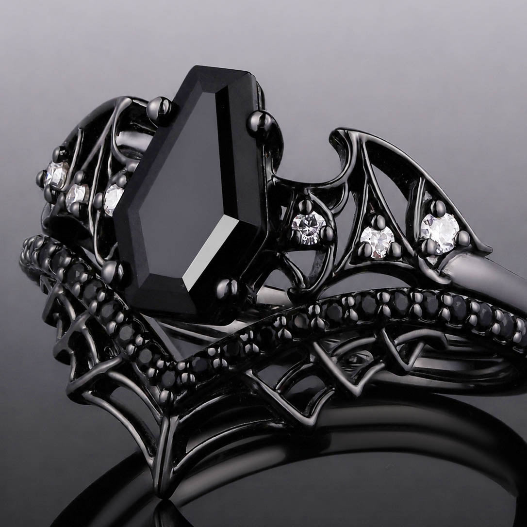 Coffin Cut Black Diamond Bat Wing Spiderweb Ring Set Gothic Pavé Engagement Ring Stack