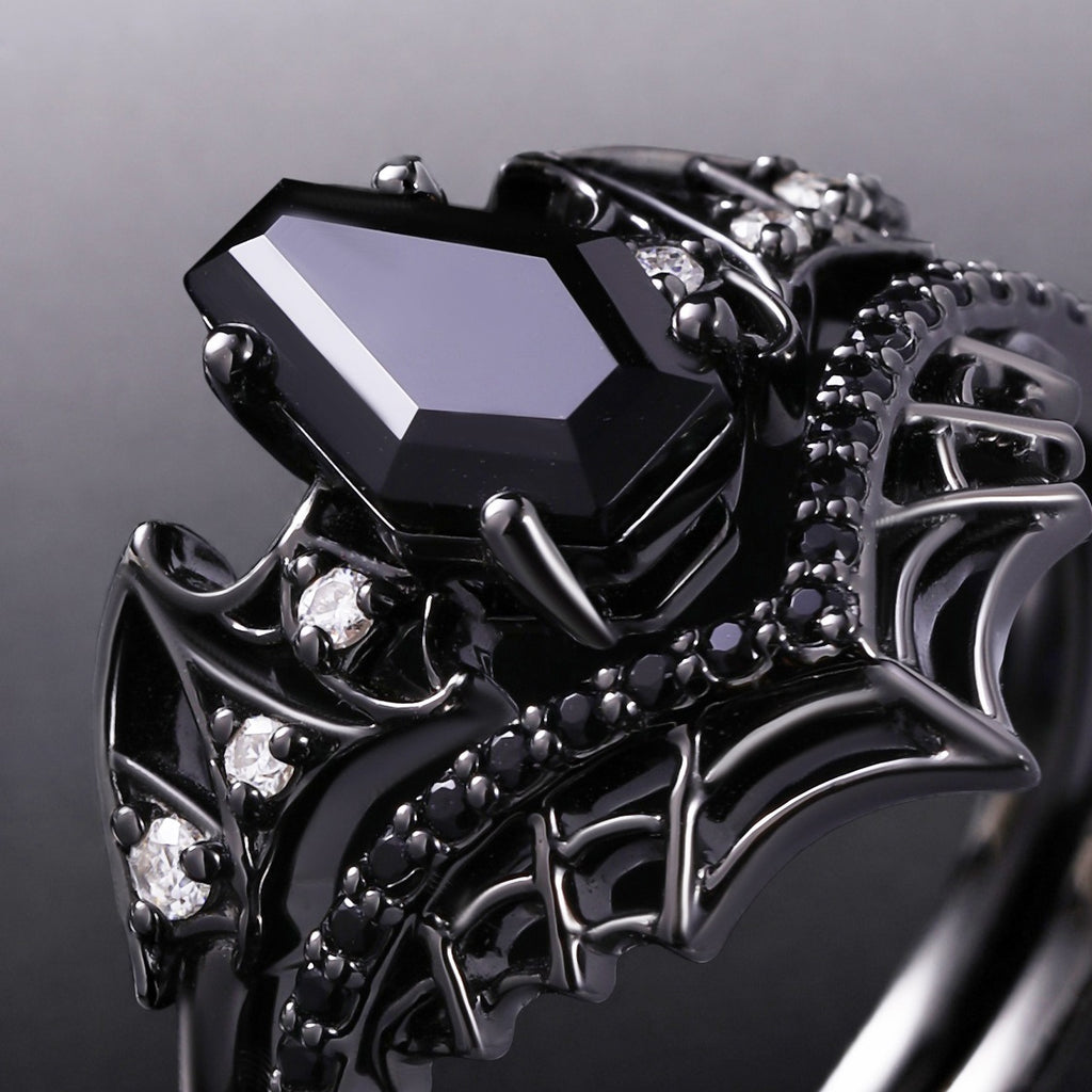 Coffin Cut Black Diamond Bat Wing Spiderweb Ring Set Gothic Pavé Engagement Ring Stack