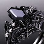 Coffin Cut Black Diamond Bat Wing Spiderweb Ring Set Gothic Pavé Engagement Ring Stack