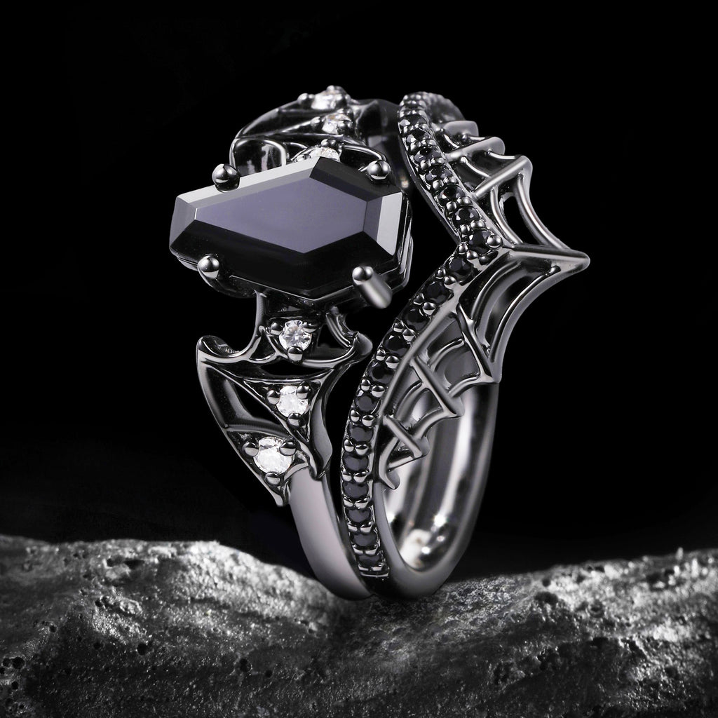 Coffin Cut Black Diamond Bat Wing Spiderweb Ring Set Gothic Pavé Engagement Ring Stack