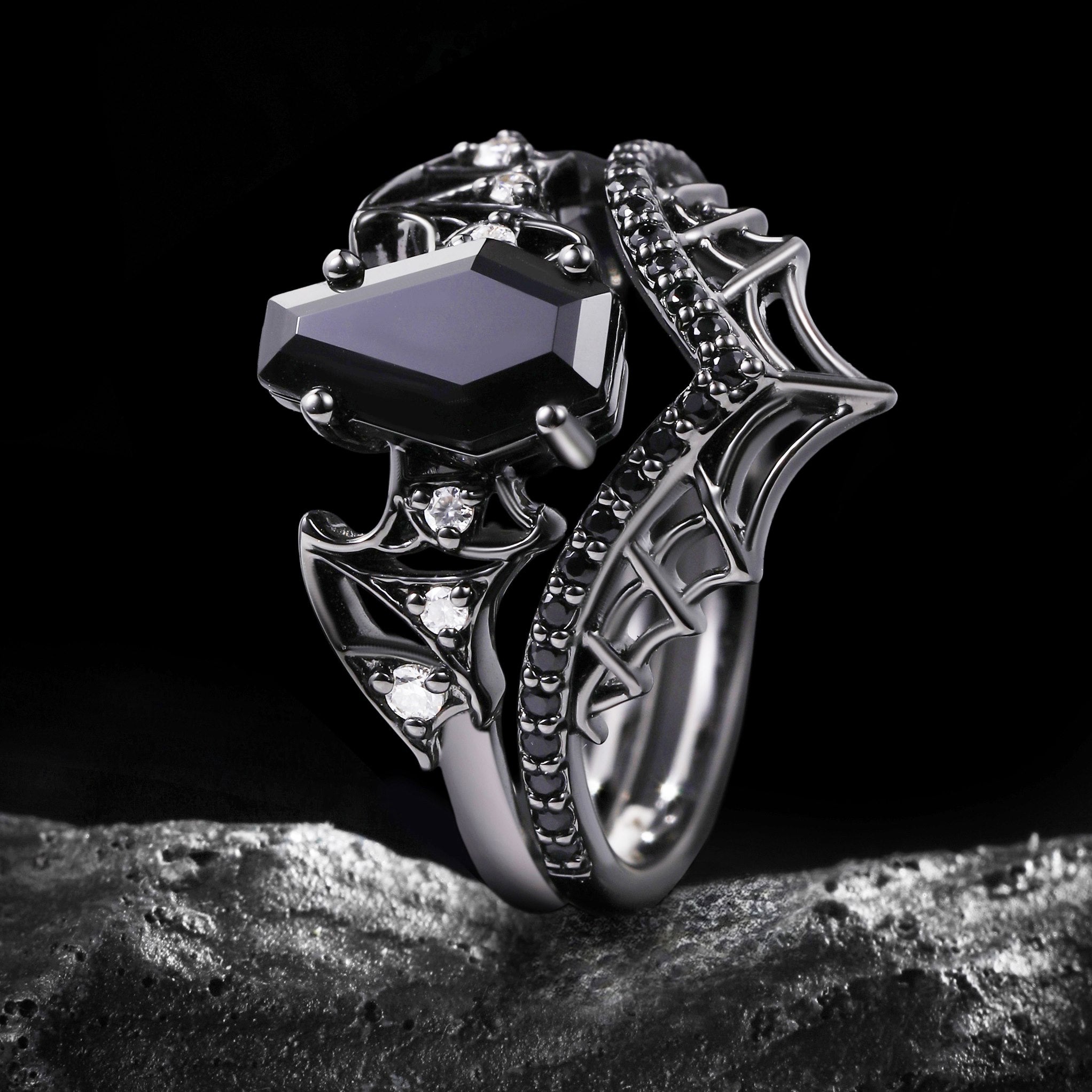 Coffin Cut Black Diamond Bat Wing Spiderweb Ring Set Gothic Pavé Engagement Ring Stack