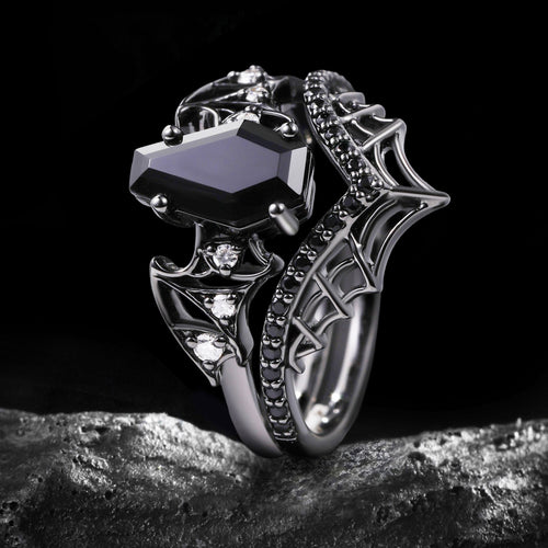 Coffin Cut Black Diamond Bat Wing Spiderweb Ring Set Gothic Pavé Engagement Ring Stack