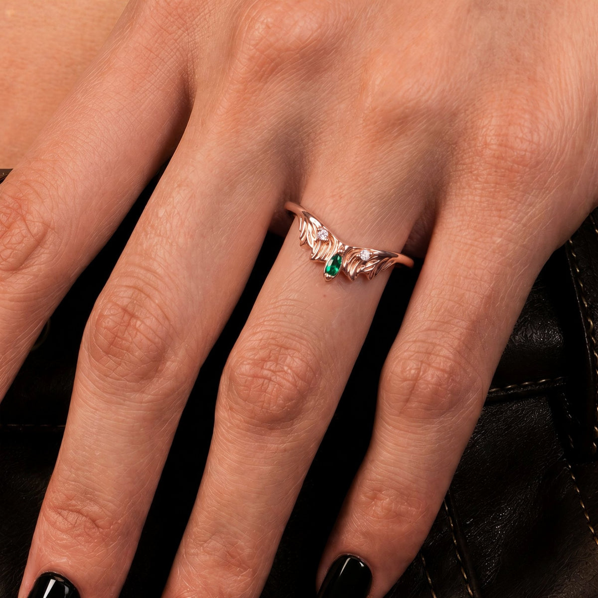Emerald Seraph Wing Curved Band Ring
