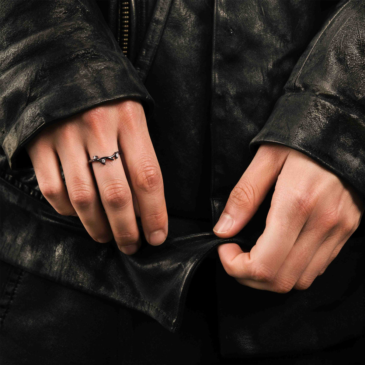 Lab Diamond Curved Band Blackthorn Gothic Stacking Ring