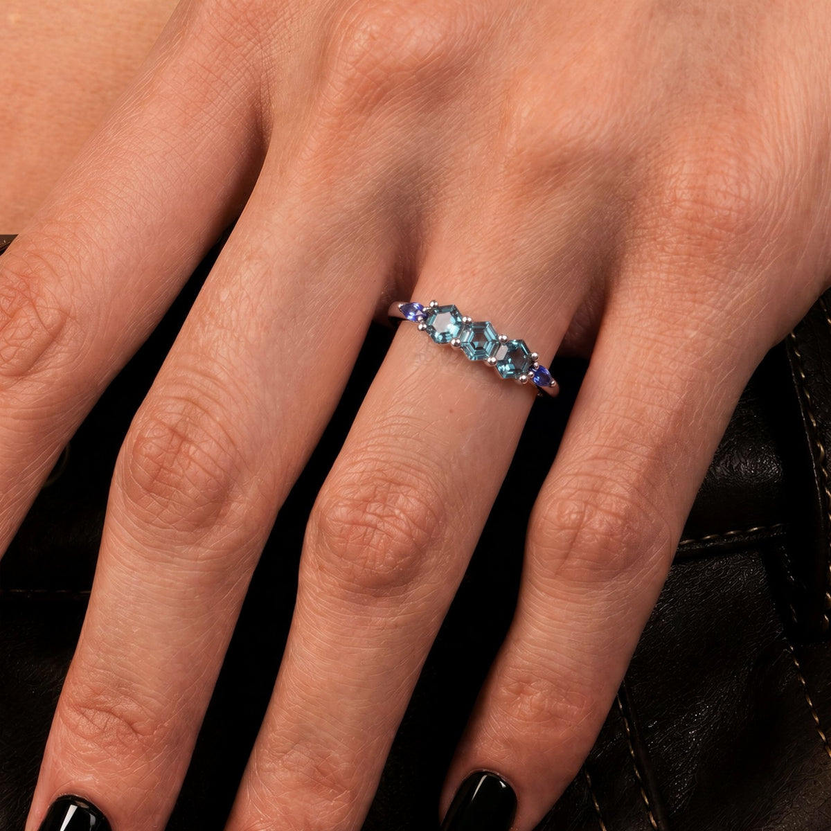Hexagon Cut Lab Alexandrite Geometric Ring Three Stone Promise Ring