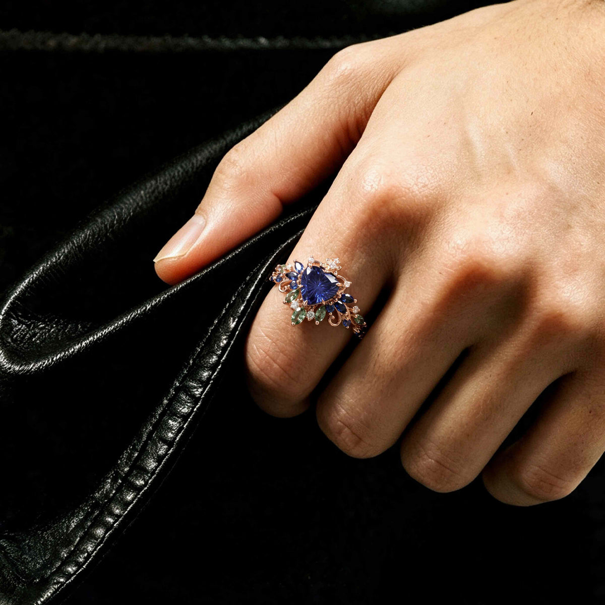 Fantasy Cut Heart Shaped Blue Sapphire Royal Garden Crown Ring With Teal Sapphire Accents