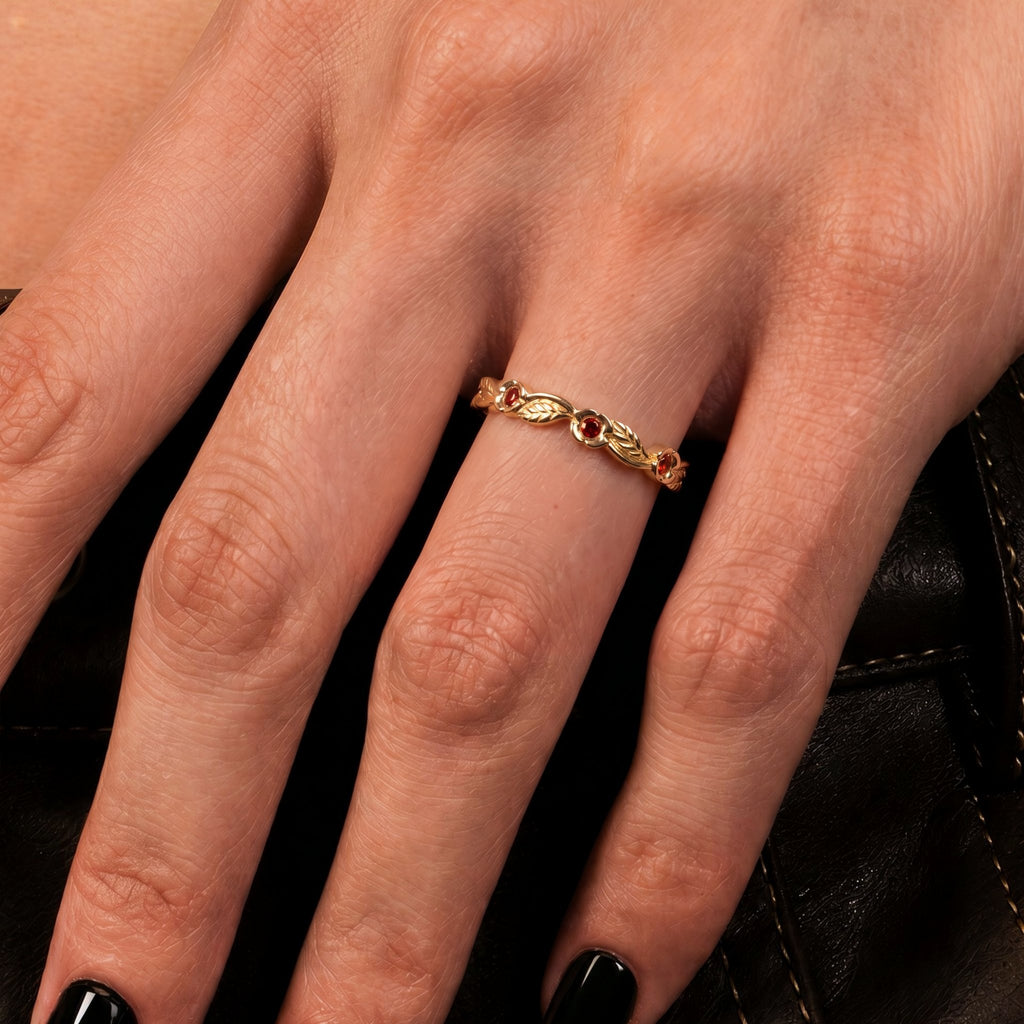 Garnet Flower & Leaf Nature Inspired Eternity Band Ring