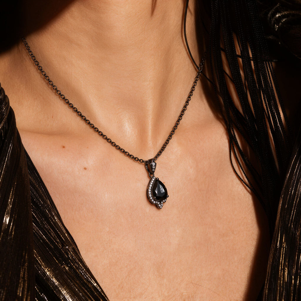 Pear Cut Black Diamond Halo Gothic Pendant Necklace