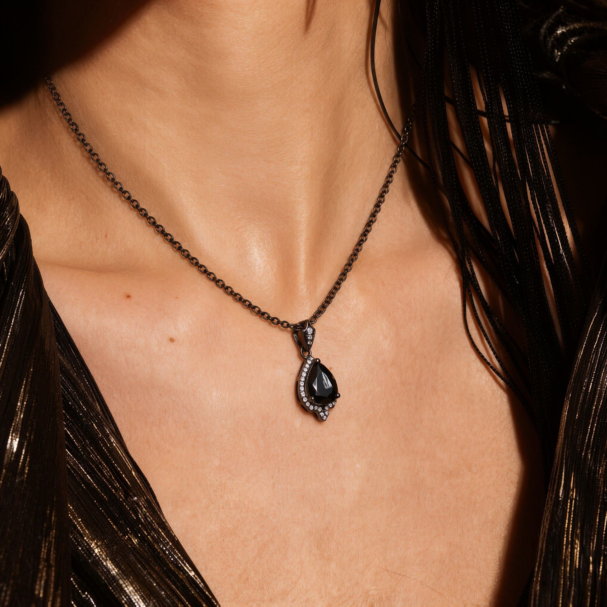 Pear Cut Black Diamond Halo Gothic Pendant Necklace