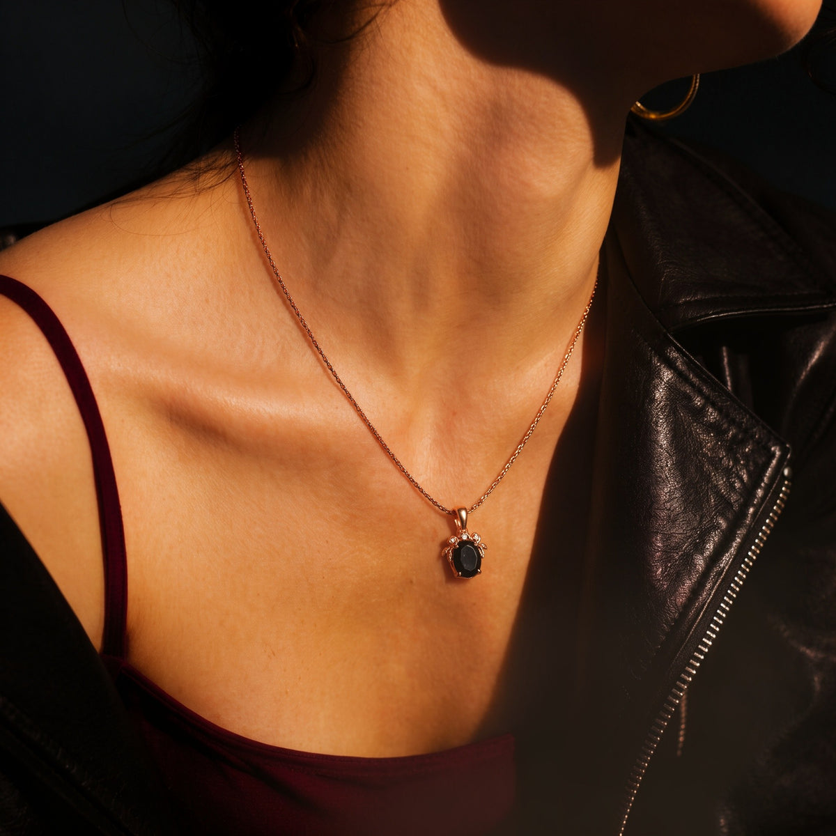 Oval Cut Black Diamond Rose Cluster Pendant Necklace